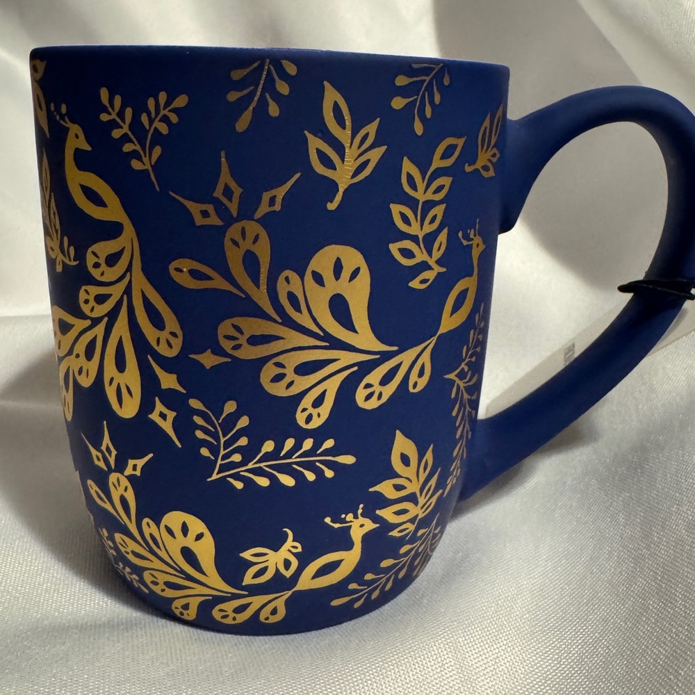 NWT Dwell Studios Soft Touch Rich Purple/Royal Blue and Gold Peacock Mug